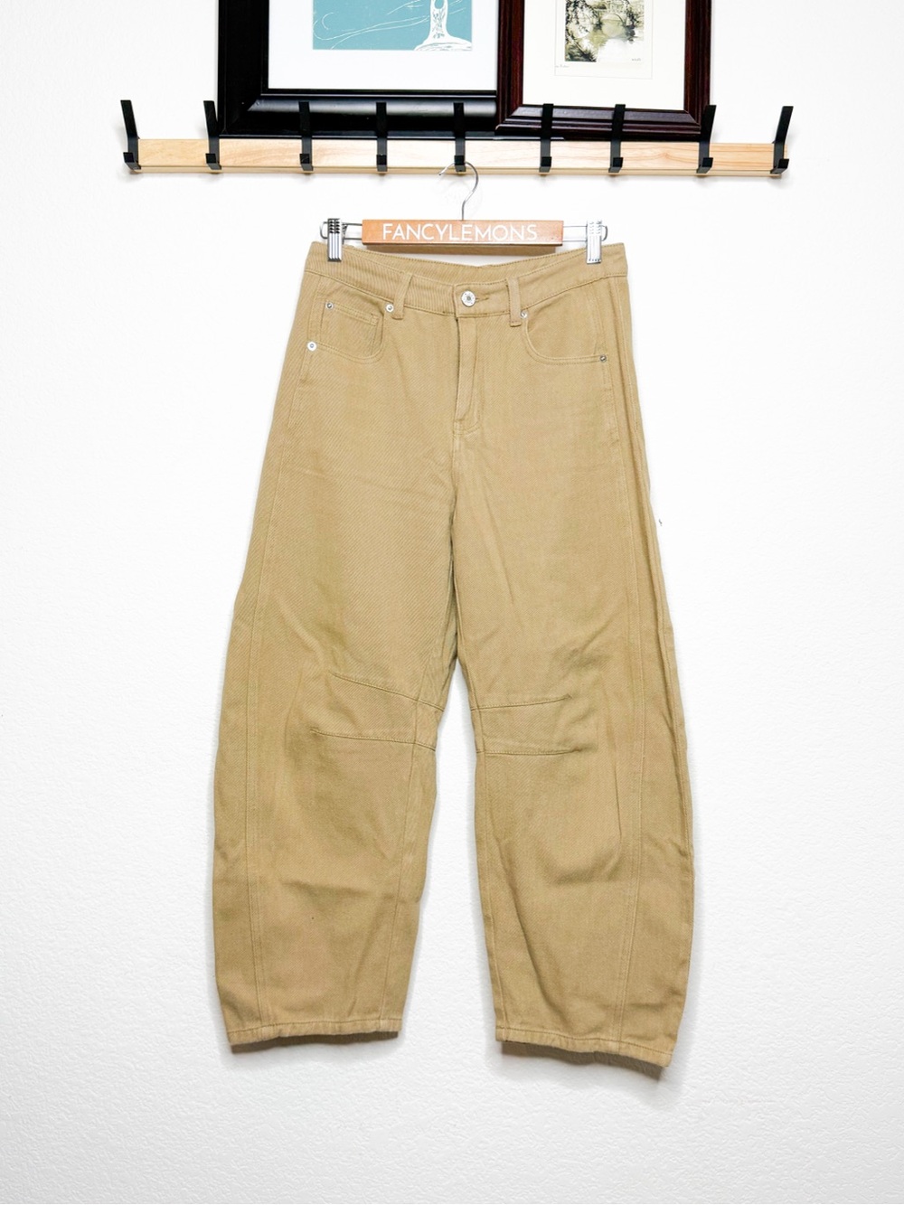 Women’s Tan Barrel Leg Pants High Rise Tapered Utility Style Size Small